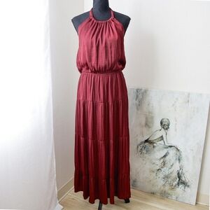 Naked Zebra Red Pleated Halter Midi Dress for Prom